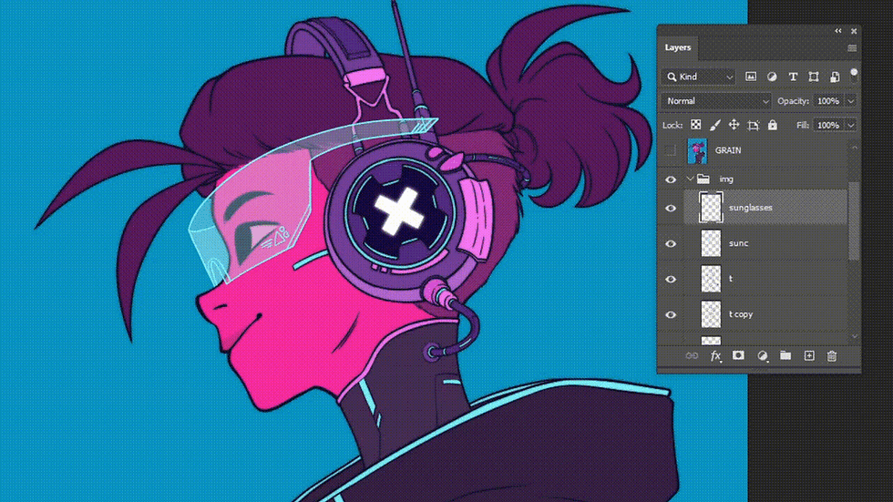 A gif of a pink overlay layer being added to an illustration of a boy.