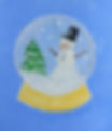 A painted illustration of a snowglobe. Within the snowglobe is a winter scene with a snow-covered pine tree on the left, and a snowman on the right. A piece of clear plastic is glued on top of the piece, with snowflakes painted on top of that.