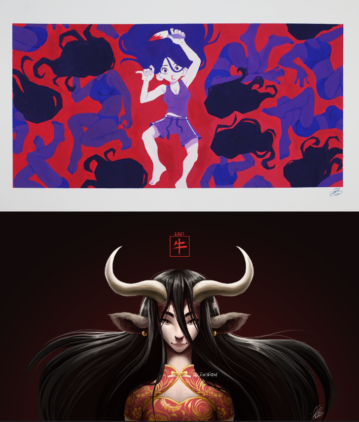 Two paintings. The first on top is gouache, while the second below is digital.
