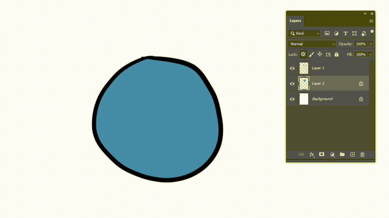 A gif of the same blue circle from the previous gif, only this time it has no pink lines. Instead, shadows are added with a multiply layer.