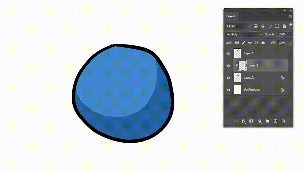 A gif of the same blue circle with its shadows, but now an extra layer of highlights is added with a screen layer.
