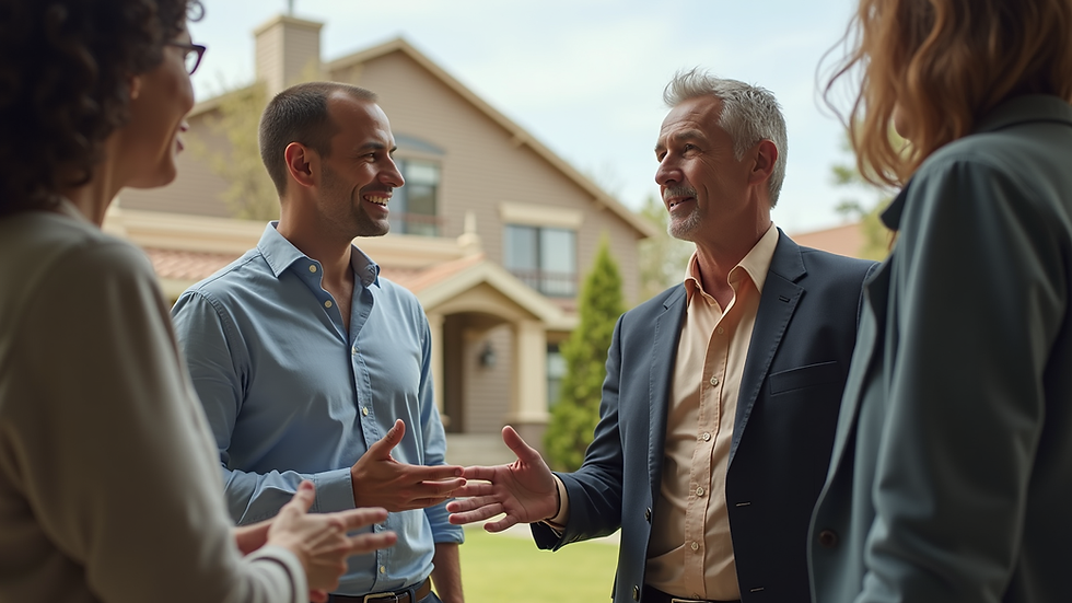 Eye-level view of a real estate agent showing a house to a couple