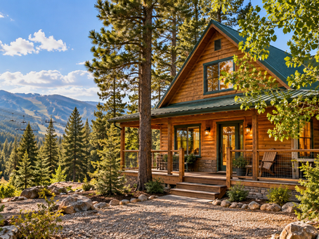 Mountain cabin in Duck Creek Village and Brian Head, Utah, surrounded by pine trees with ski slopes in the background