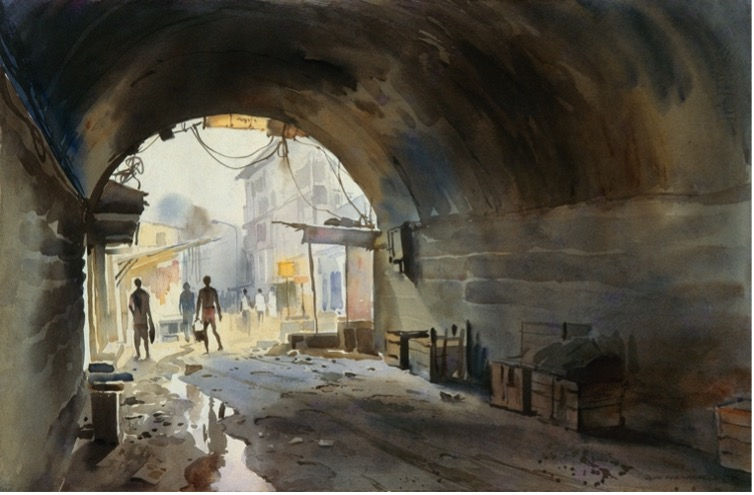 This is a water colour painting depicting a view of a street under a bridge in Mumbai India painted by John Fernandes.
