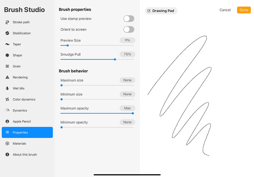 screen image of settings for how to make pixel art in procreate tutorial - brush settings