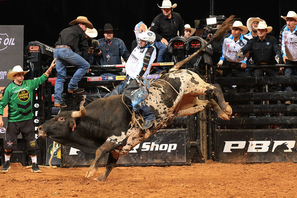 Adriano Salgado's 87.55 point ride atop Louisville Slugger (Waller Brothers Cattle and Land). Photo courtesy of PBR & Bull Stock Media