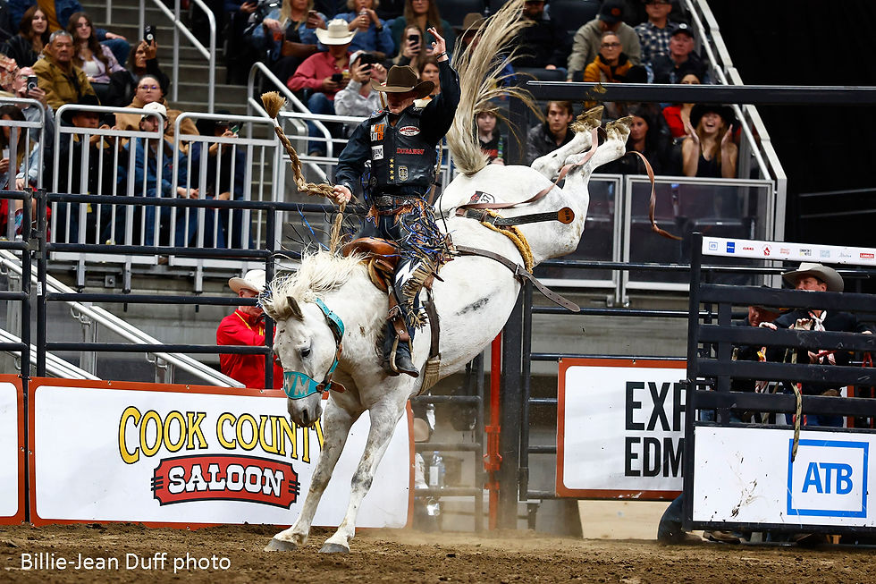 Zeke Thurston took champion in the saddle bronc riding. Photo courtesy of the CPRA & Billie-Jean Duff