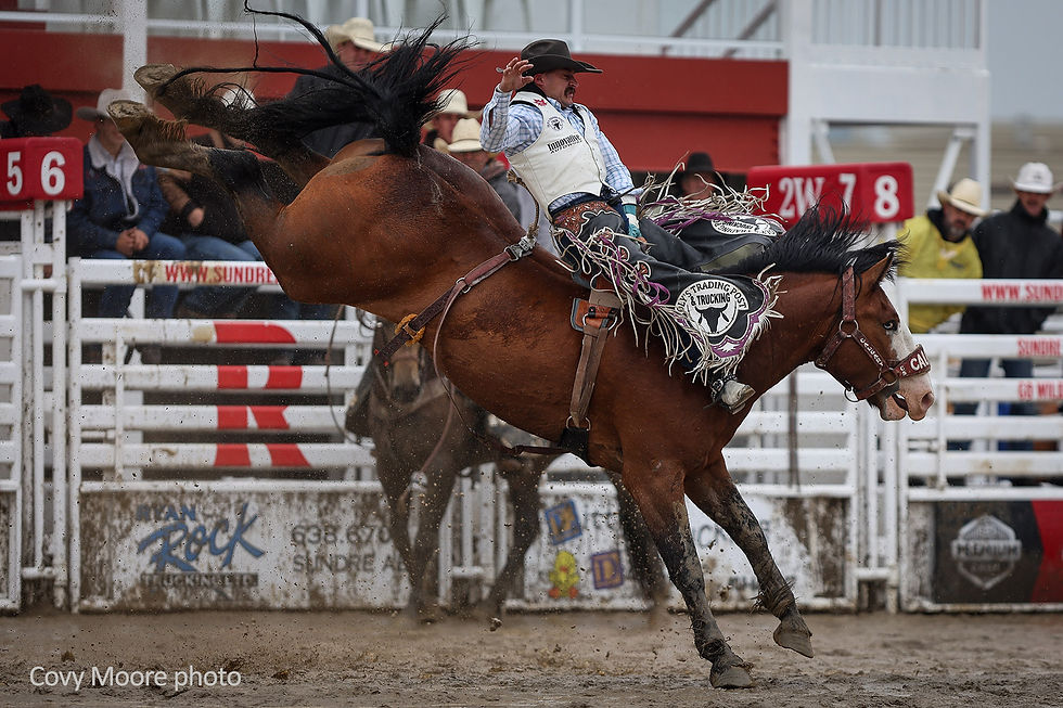 Ty Taypotat with his 86.5 point ride on Born Fearless. Photo courtesy of CPRA and Covy Moore