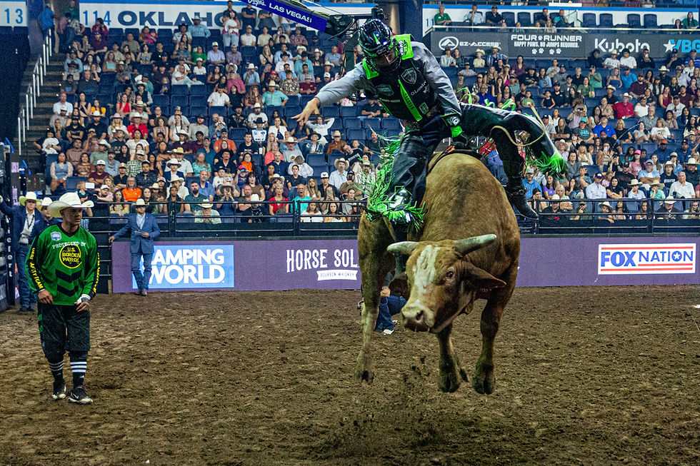 Dalton Kasel with an 87 point ride on Caesar (Rafter Rodeo). Photo by Chrissy Lervik