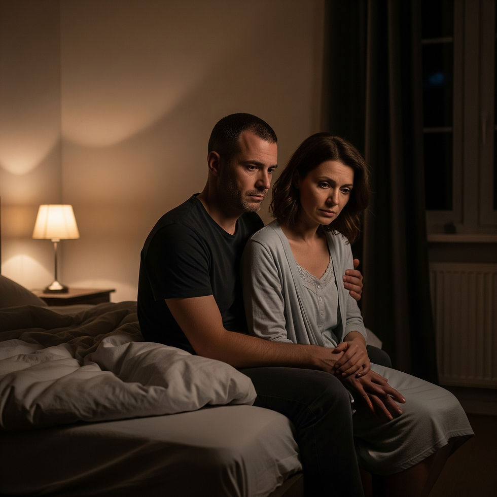 A man and woman in their 40s are sitting on the edge of a bed, looking concerned. The man has his arm around the woman, and she is resting her hand on his knee. They are in a dimly lit bedroom, and the overall mood is one of worry and intimacy.