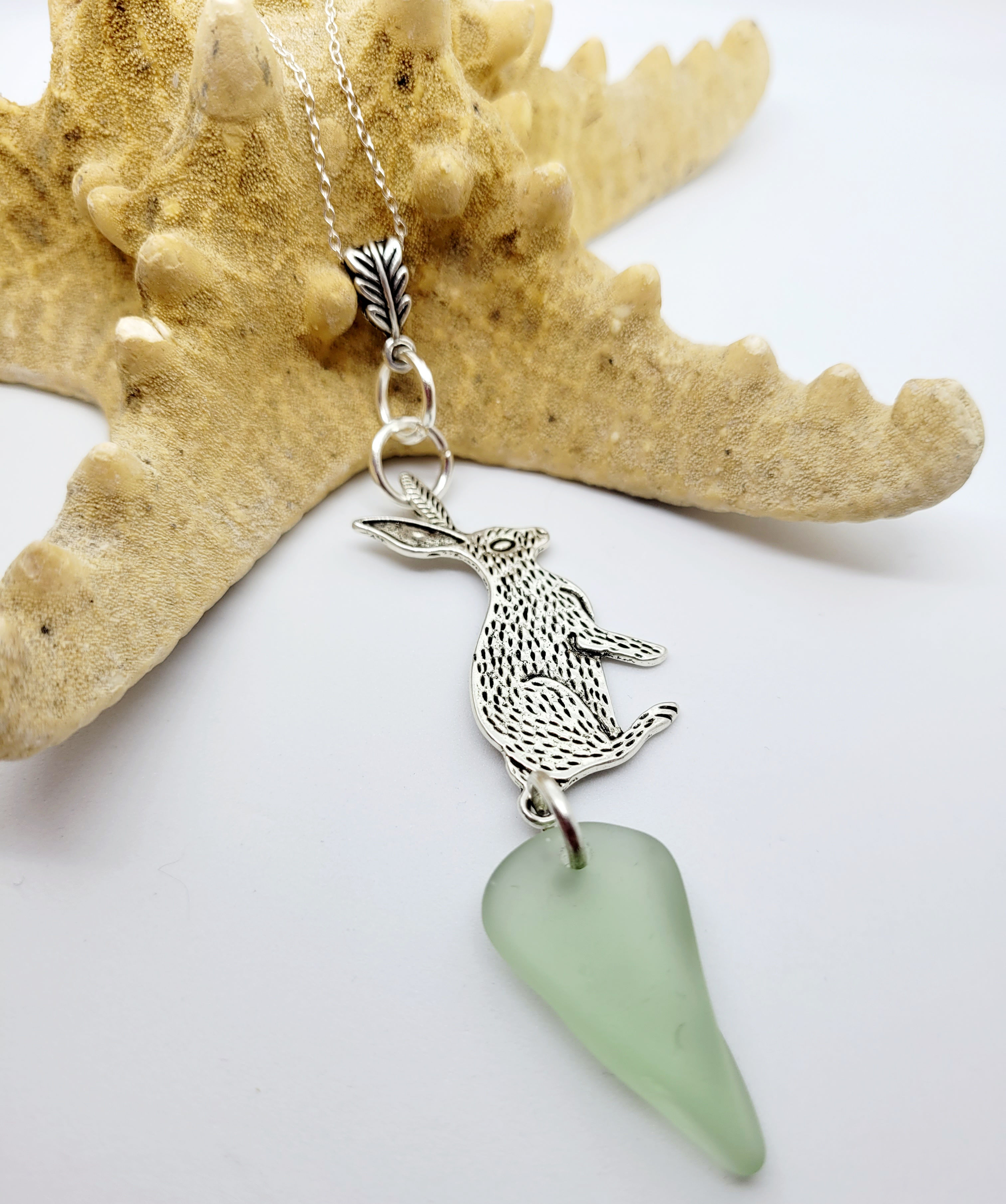 Sea Glass Sea Foam Droplet & Hare Sterling Silver Pendant