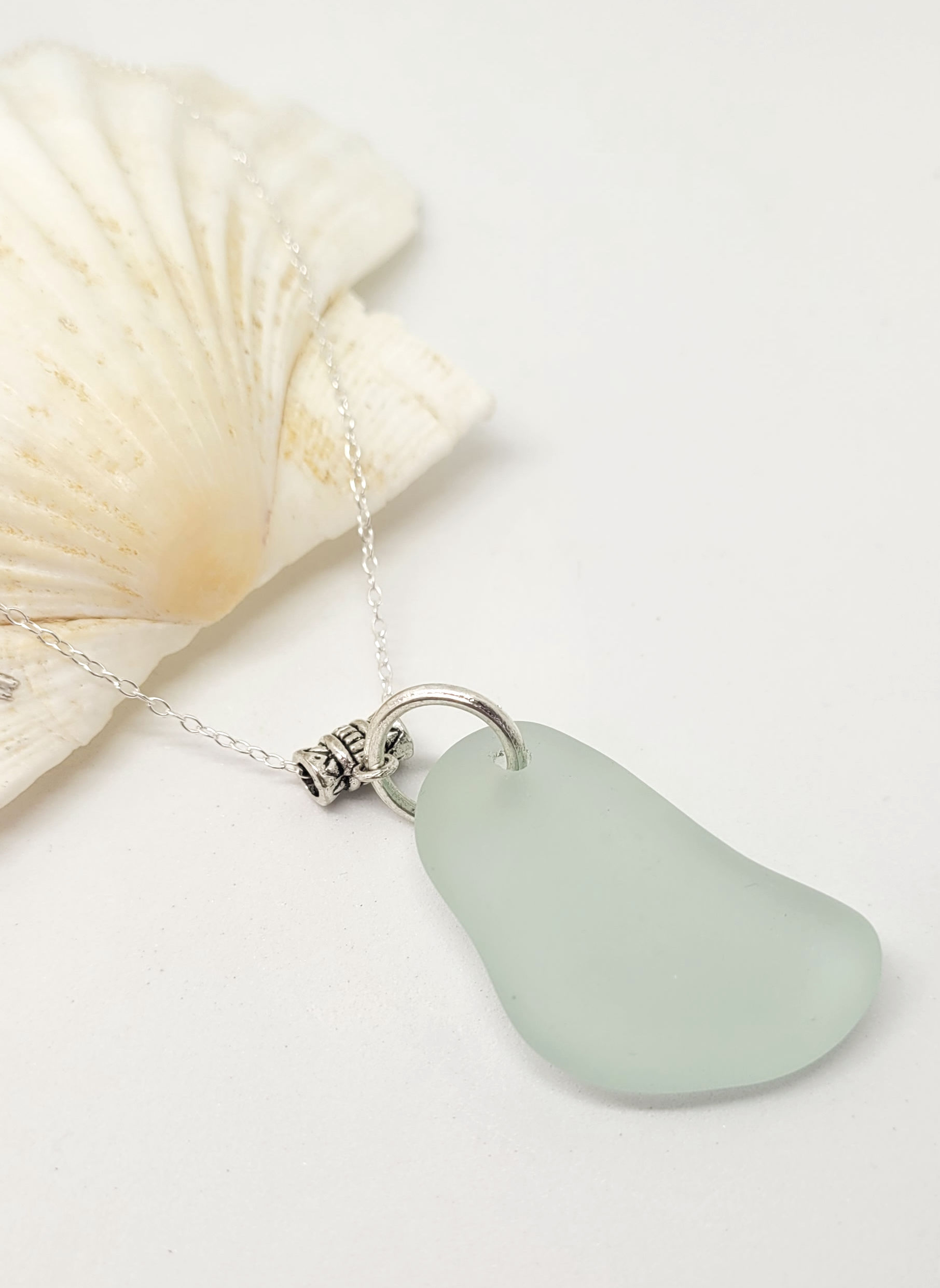 Soft Sea Foam Sea Glass & Sterling Silver Droplet Pendant