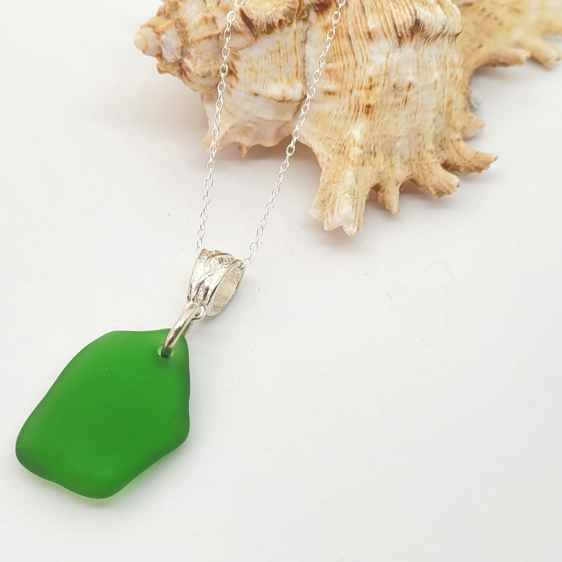 Emerald Sea Glass Sterling Silver Droplet Pendant