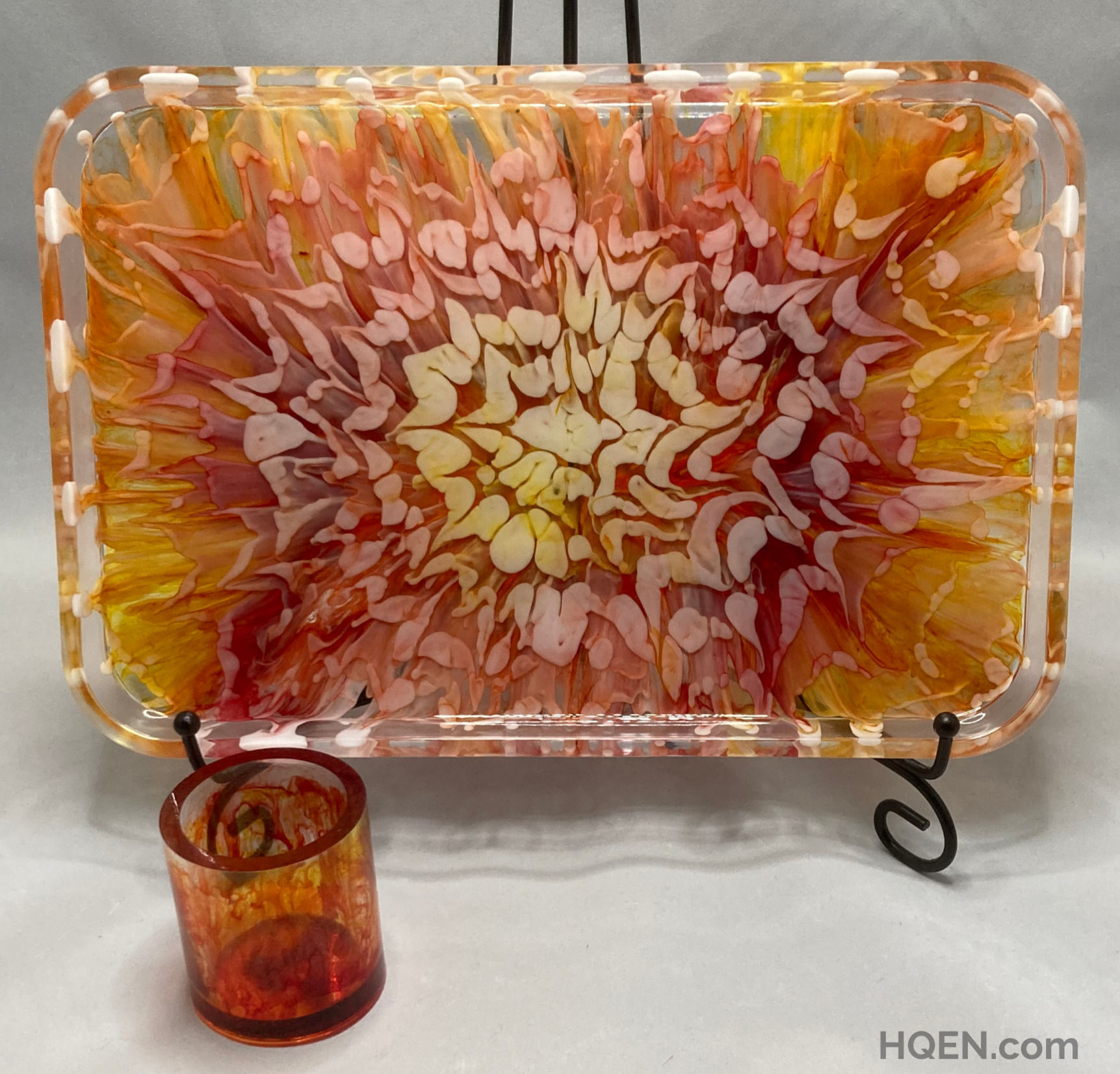 Fire burst ink bloom rolling tray with clear border and stash cup