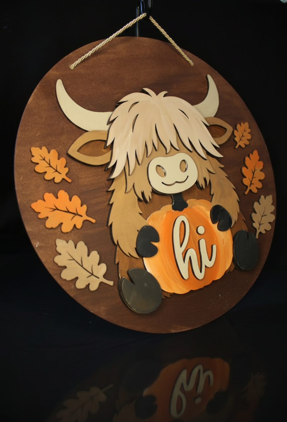 Thumbnail: Highland Cow "Hi" Wooden wall sign - 29cm