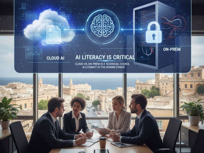 Four people in a conference room discuss AI. A digital overlay reads "AI Literacy is Critical" with cloud and server images. Cityscape in view.