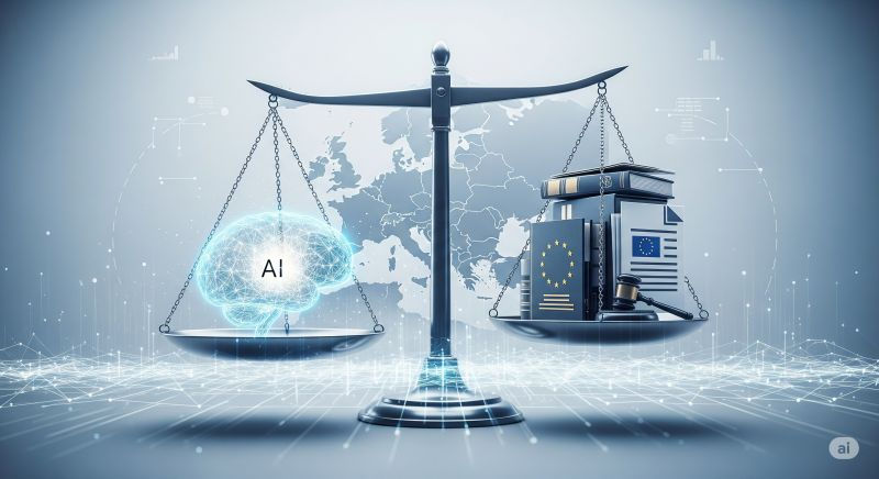 Scales balance AI brain and books with EU flags against a digital Europe backdrop, symbolizing AI regulation. Cool colors, tech theme.