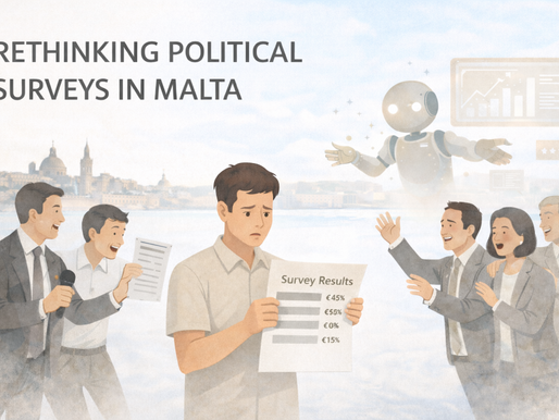 a confused citizen reading survey results amidst political and media pressure to analyse results.  AI is ready to help in the background.