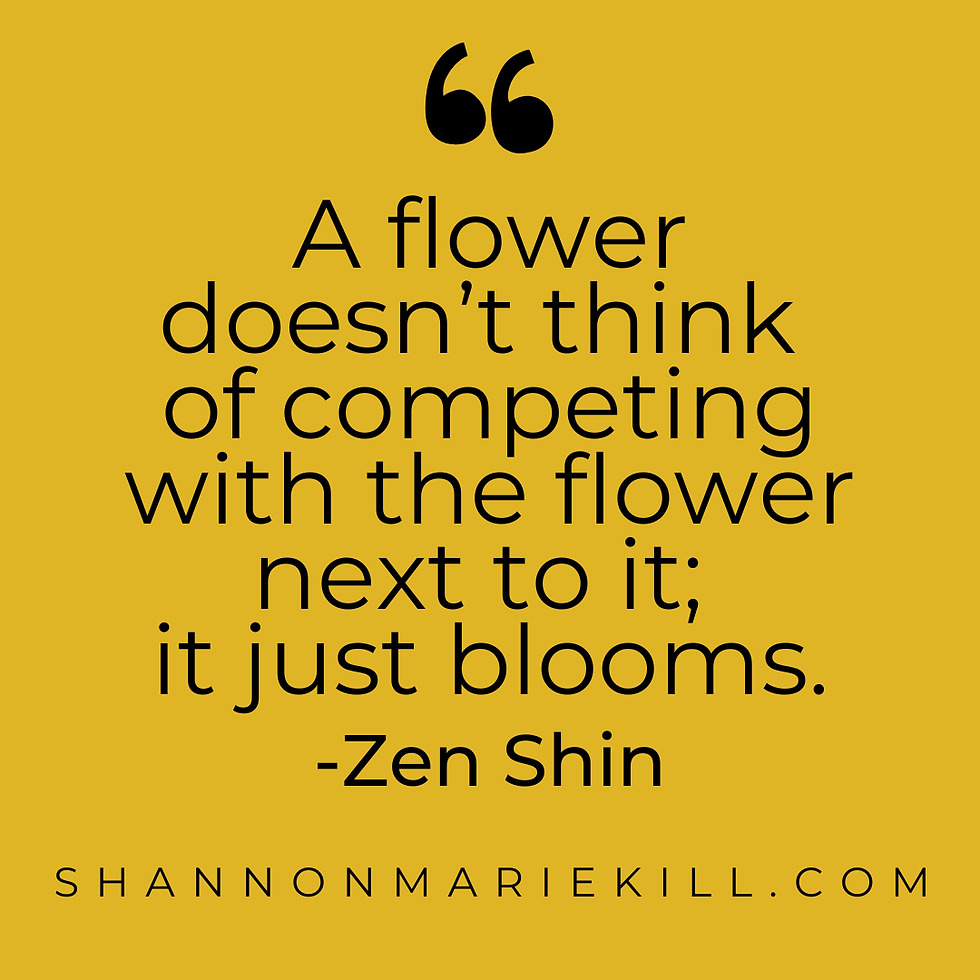 A yellow quote box featuring the quote “A flower does not think of competing with the flower next to it; it just blooms” by Zin Shin from the blog from the website shannonmariekill.com
