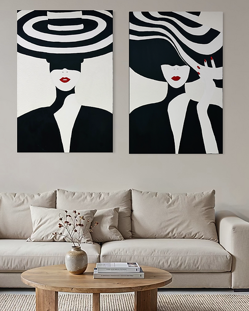 Original paintings for sale hanging in a modern living room
