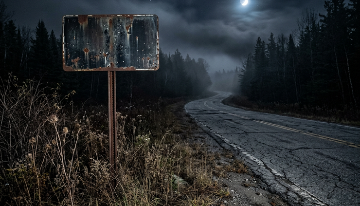 Close-up view of a weathered road sign beside a dark highway