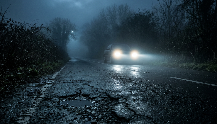 Low-angle view of headlights shining down an empty road in thick fog