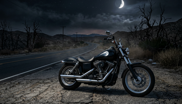 Eye-level view of a lone motorcycle parked on cracked asphalt at night