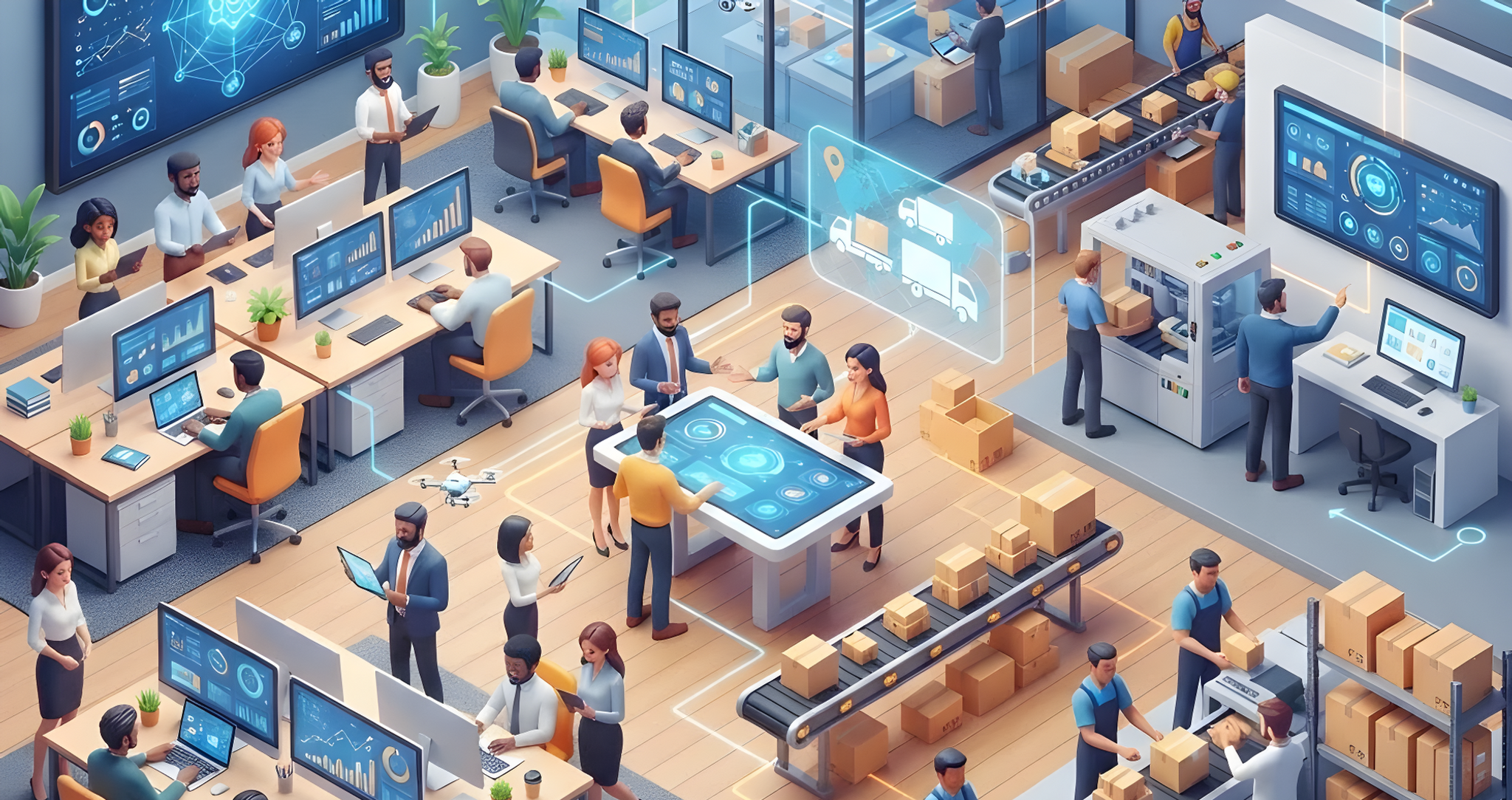 Futuristic office warehouse with workers using digital dashboards, packing boxes on conveyors, and a glowing touchscreen table.