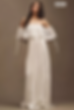 Woman in a white, off-shoulder lace gown poses against a plain brown background. Text "daughters of simone" visible. Calm expression.