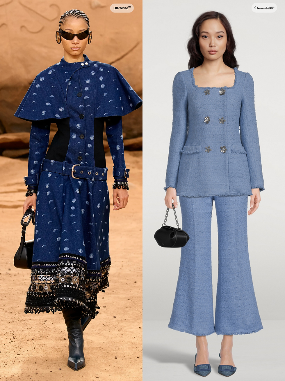 Two models in blue outfits. Left: patterned dress with cape, sunglasses, desert background. Right: tailored suit, handbag, neutral setting.