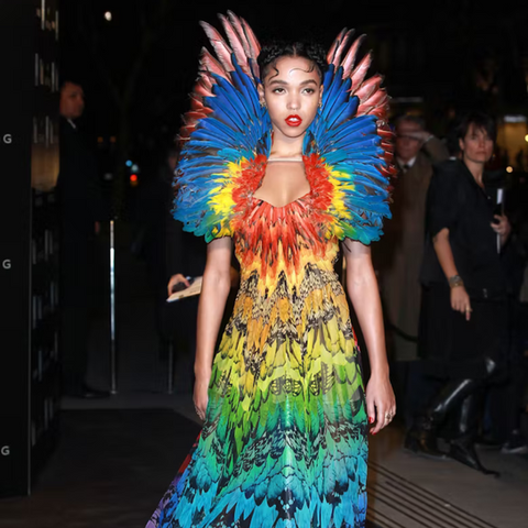 FKA Twigs, Flamboyant Gamine stuns in feather dress filled with color