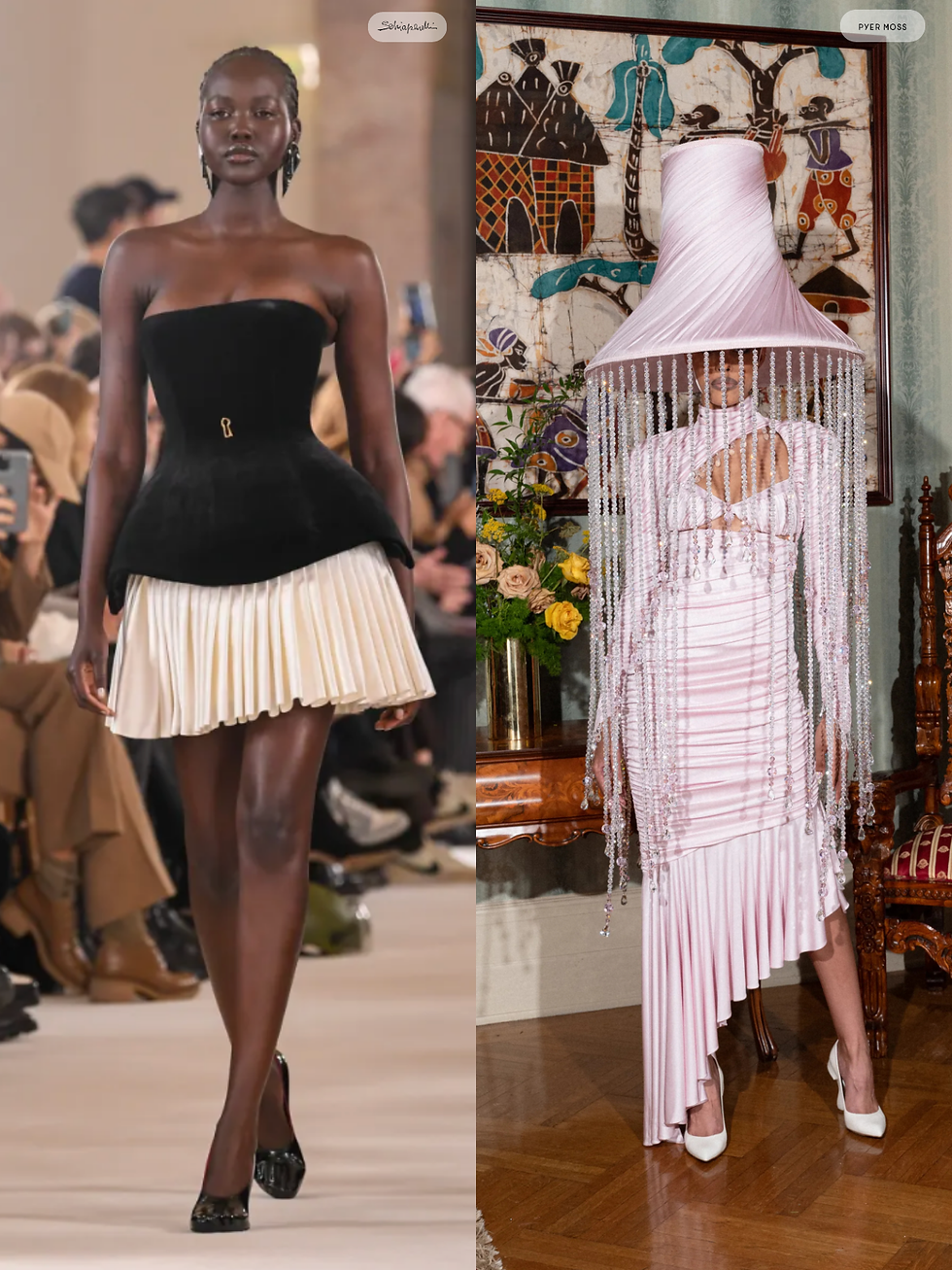 Two models showcase fashion: one in a black corset dress on a runway, another in a pink dress with a beaded hat in a room with colorful decor.