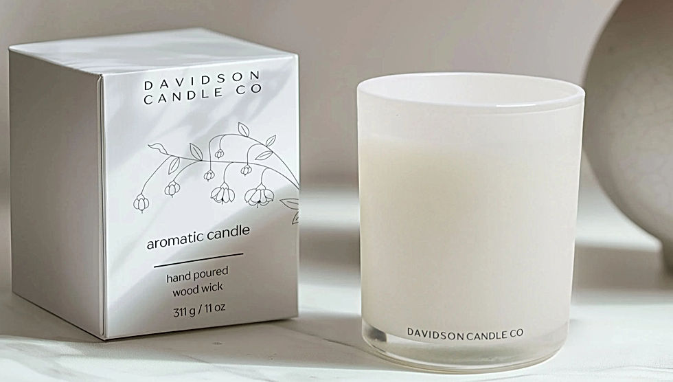 A candle and a box with floral design and branding.