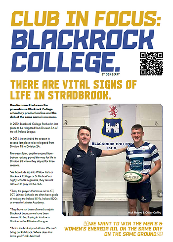 Screenshot of article in Leinster Programme titled Club in Focus: Blackrock College. Photo of Director of Rugby Mick Hearty and player Oliver Coffey.