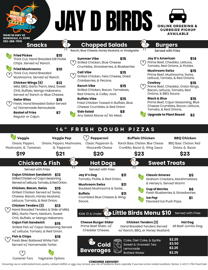 Jay D Birds Menu