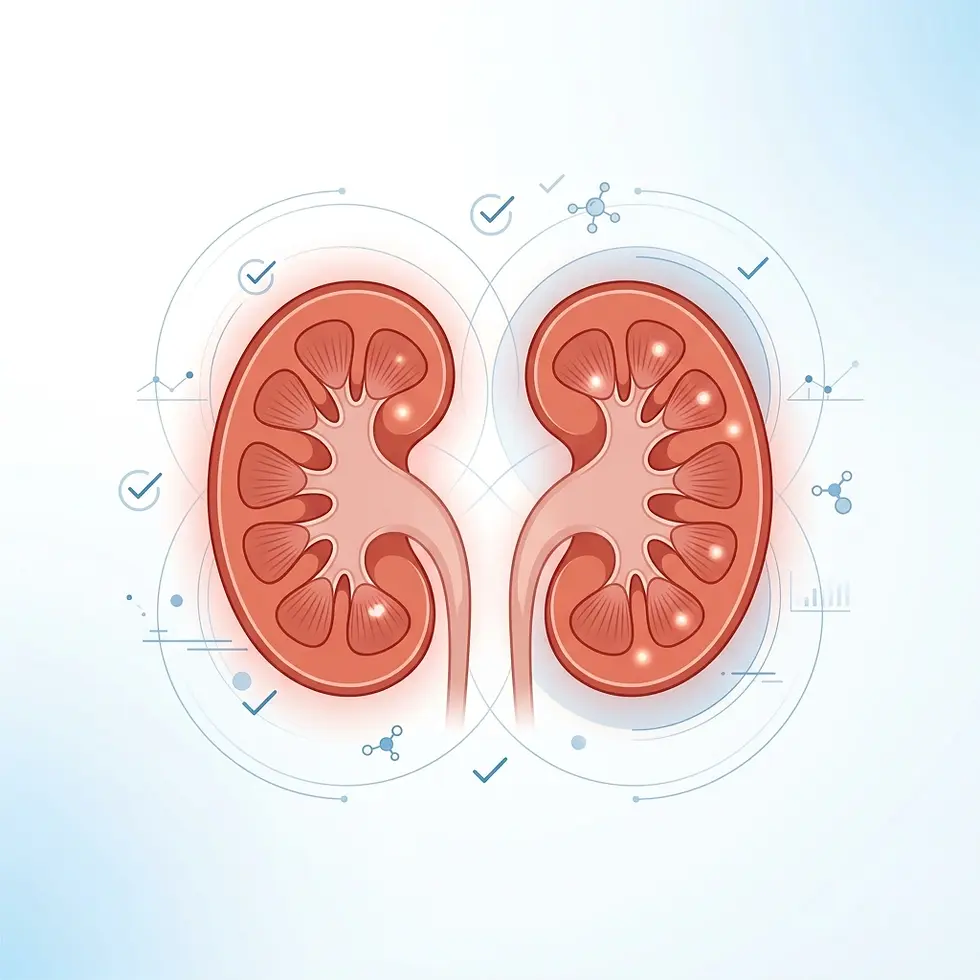 Digital illustration of human kidneys with medical icons. This clean, informative graphic visualizes kidney anatomy for healthcare contexts.
