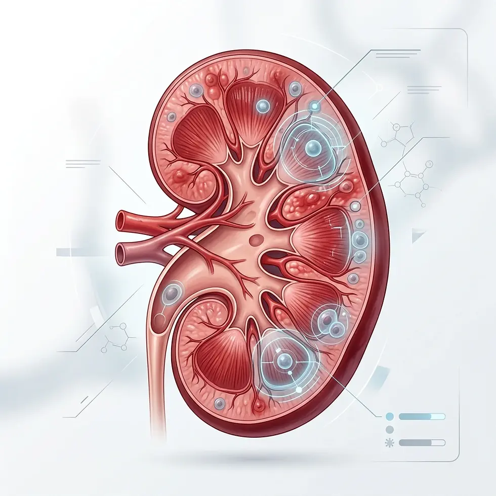 Digital illustration of a human kidney cross-section. Medical graphics highlight internal structures and vascularization.