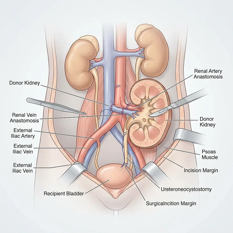 Medical illustration depicting a kidney transplant surgery. It shows a donor kidney being implanted into the recipient's pelvic region, with surgical connections to major blood vessels.