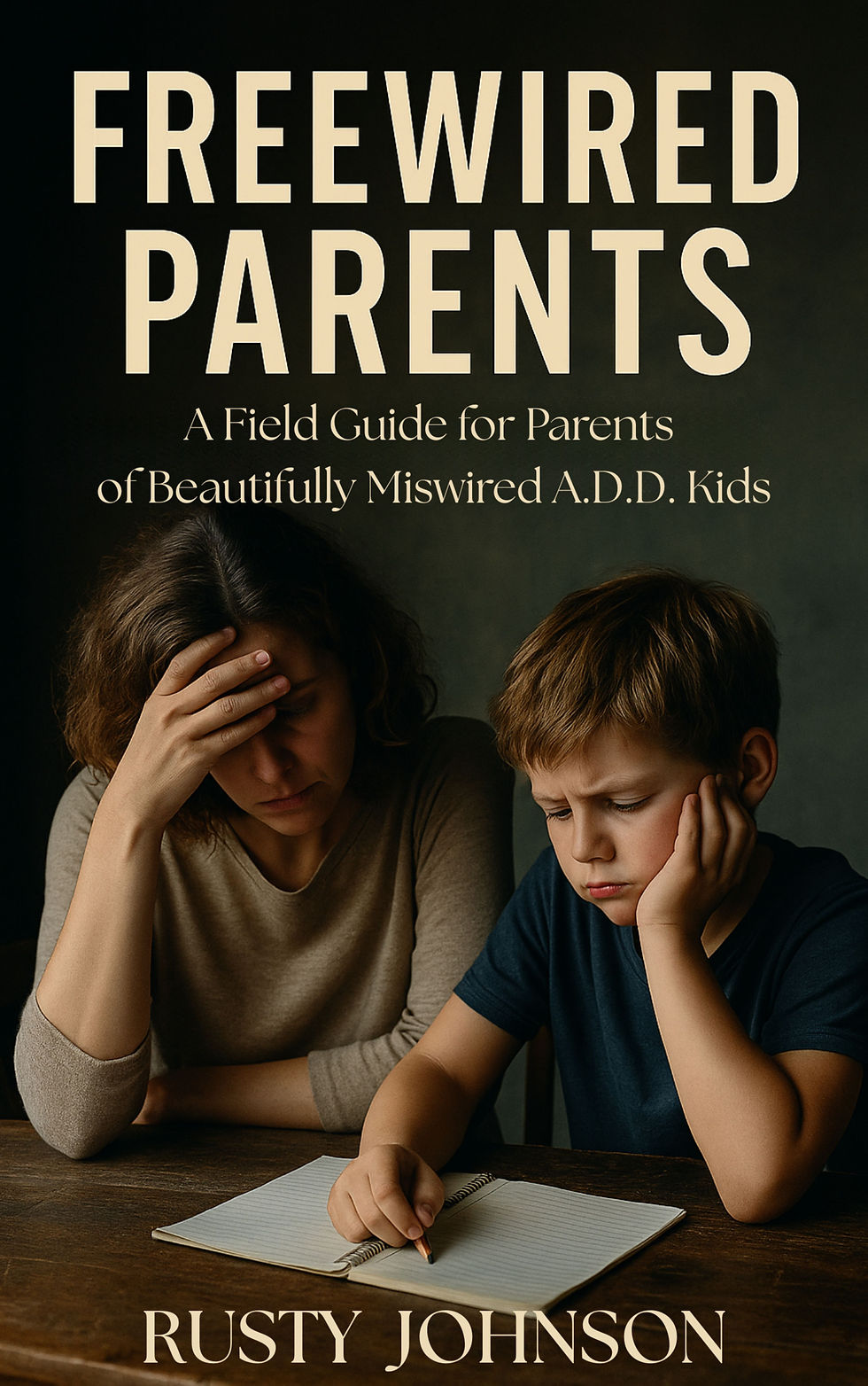 Woman and boy sit at a table, looking concerned and focused on a notebook. Dark background. Cover text: "FREEWIRED PARENTS" by Rusty Johnson.