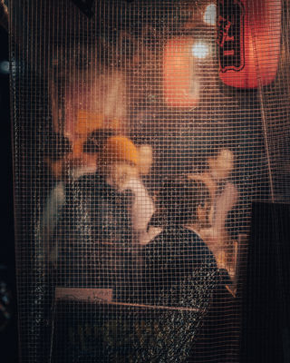 Through a mesh screen, the interior of a Tokyo restaurant can be seen, with diners enjoying their meals beneath hanging lanterns. The mesh gives the image a unique texture, enhancing the intimate, nighttime vibe of the street. NFT Photography by Tokyo Photographer Deniz Demir. Tokyo, Japan.