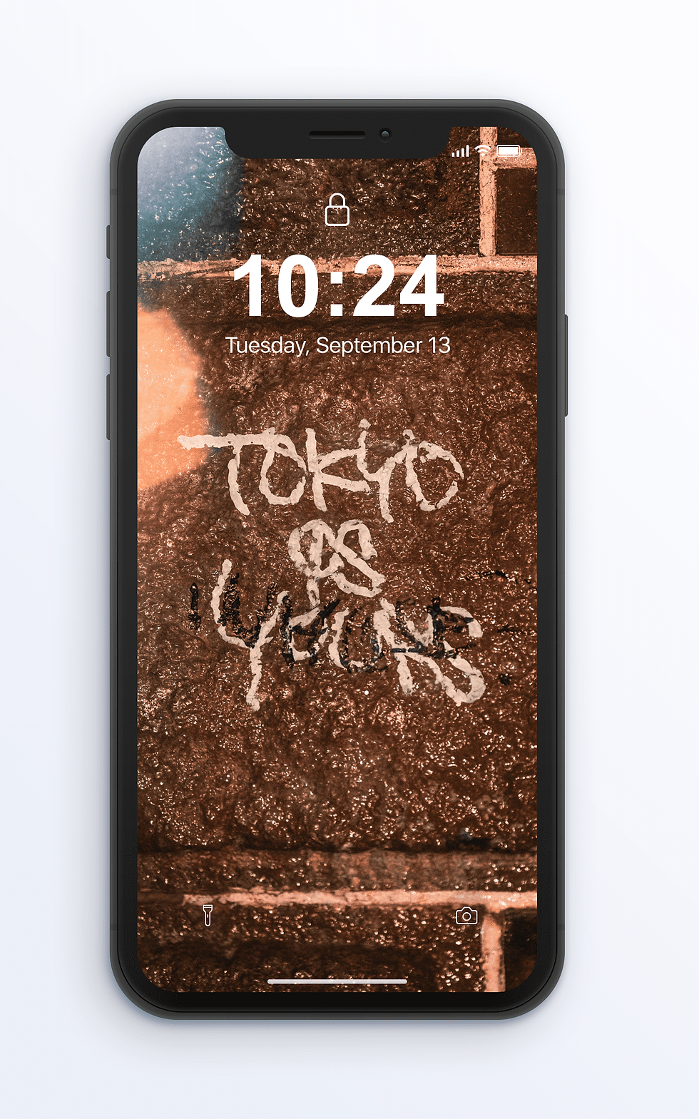 A smartphone screen displaying the "TOKYO IS YOUNG" graffiti on a textured surface.