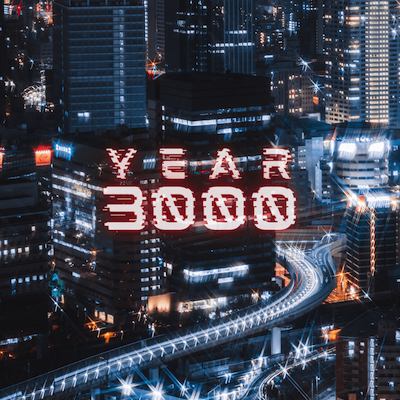 A smartphone screen showing a cityscape with a neon sign displaying "YEAR 3000."