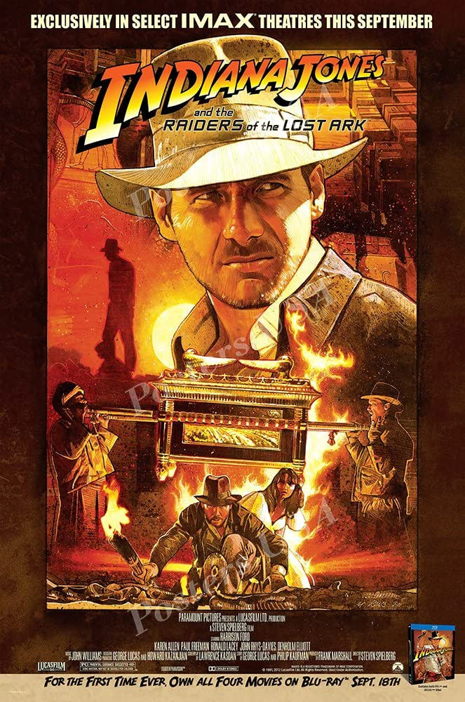 A vintage-style Indiana Jones and the Raiders of the Lost Ark poster with warm, fiery tones and adventure elements.