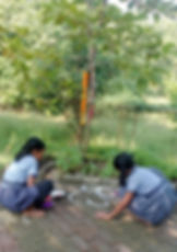 Two students in school uniforms creating a rangoli outdoors