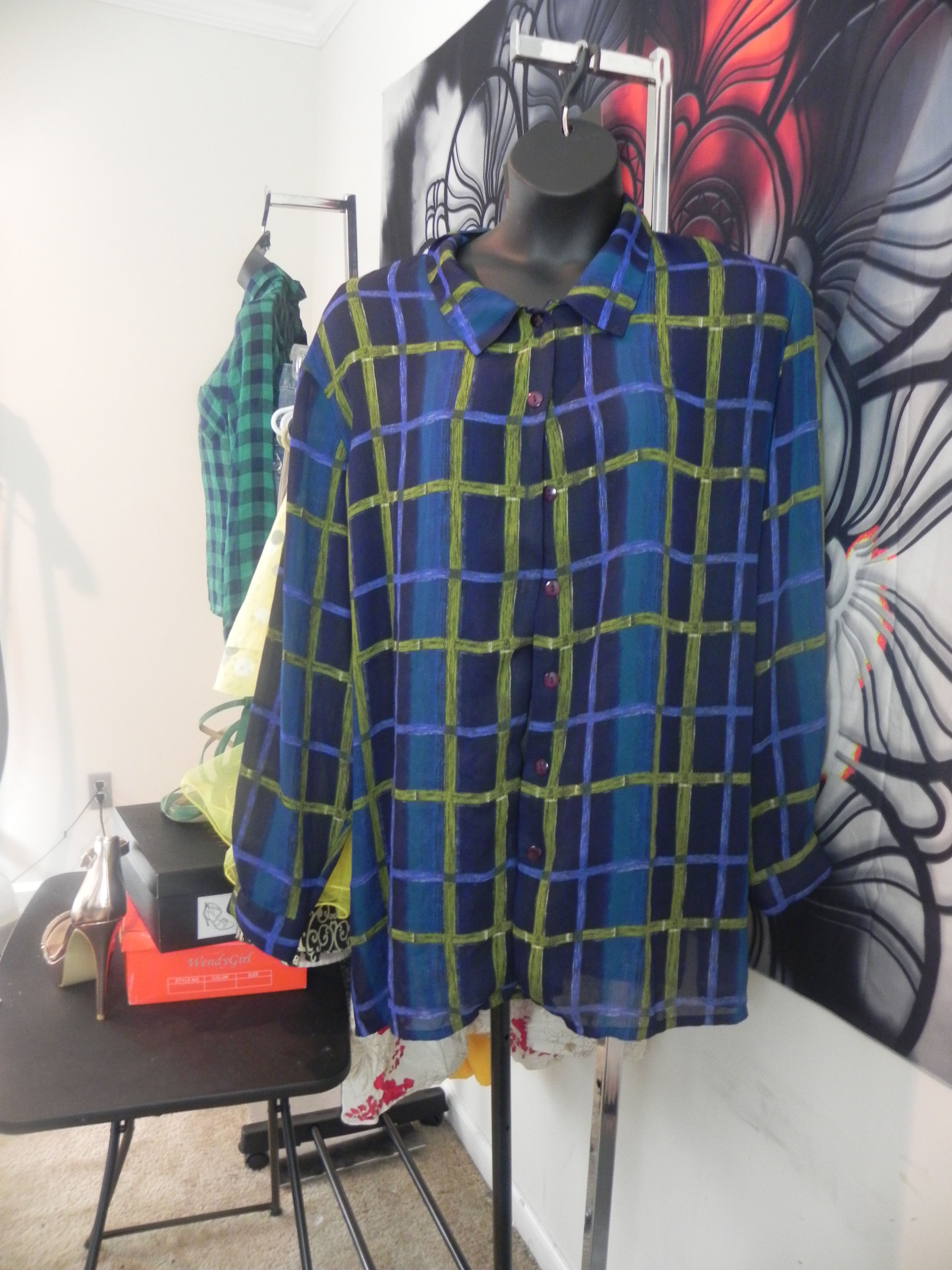 Navy Blue/Green/Teal Button Up Blouse