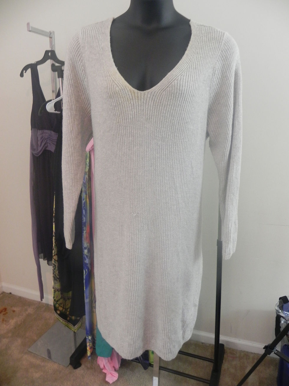 Thumbnail: LIGHT GREY LONG SLEEVE V-NECK SWEATER DRESS