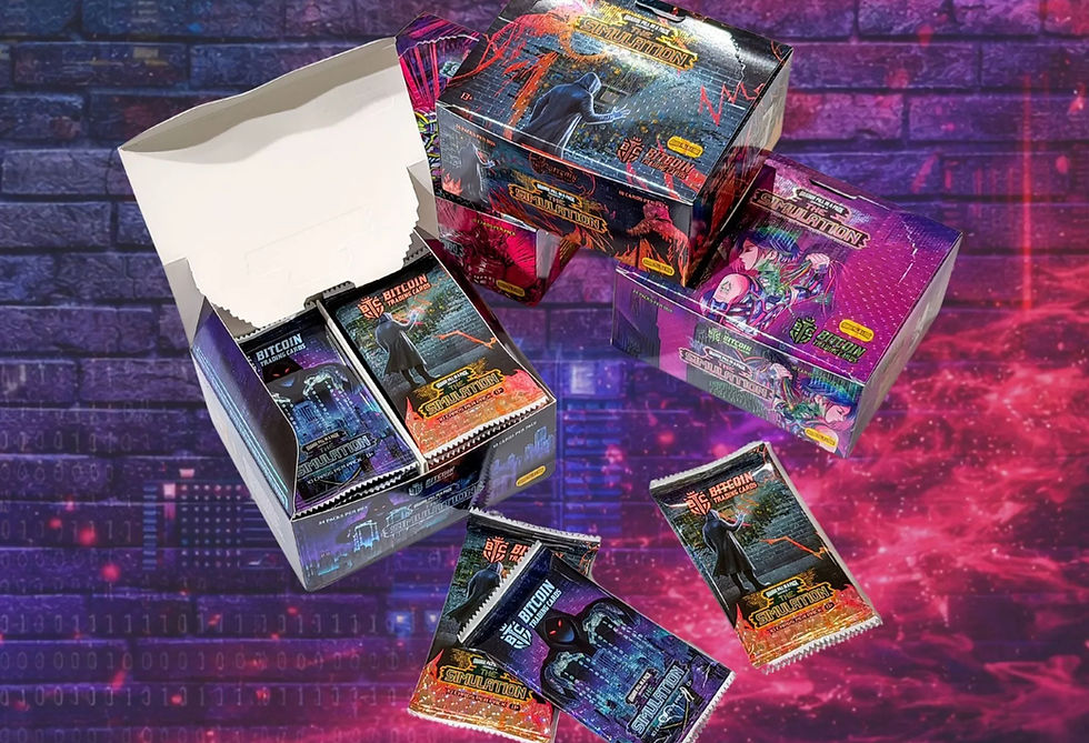 Open boxes of Bitcoin Trading Cards: The Simulation booster packs on a neon purple-pink sci-fi background.