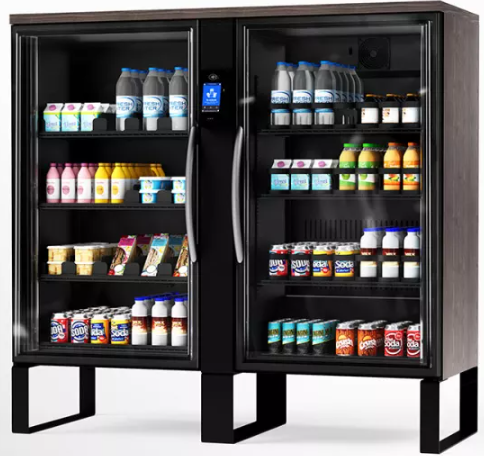 Double-door refrigerated micro-market cooler filled with drinks, dairy, and snacks, black frame on stand, white background, landscape.