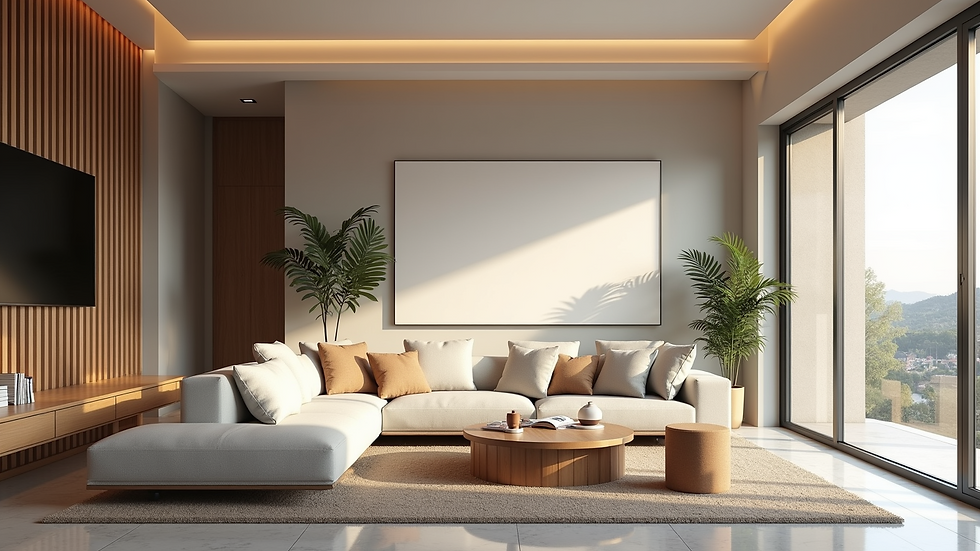 Wide angle view of a modern living room with a stretched ceiling