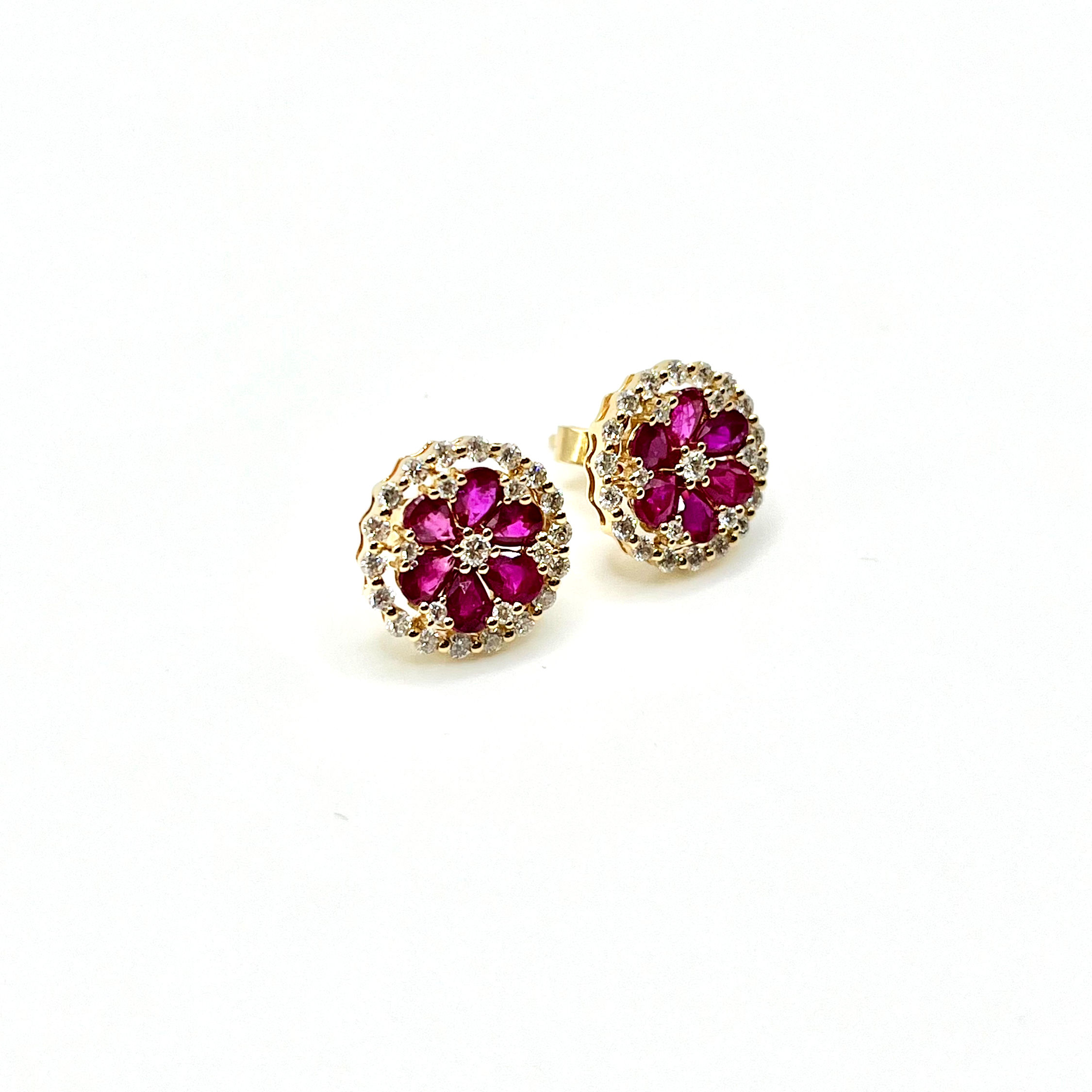Ruby and Diamond Flower Earrings in 18K Gold